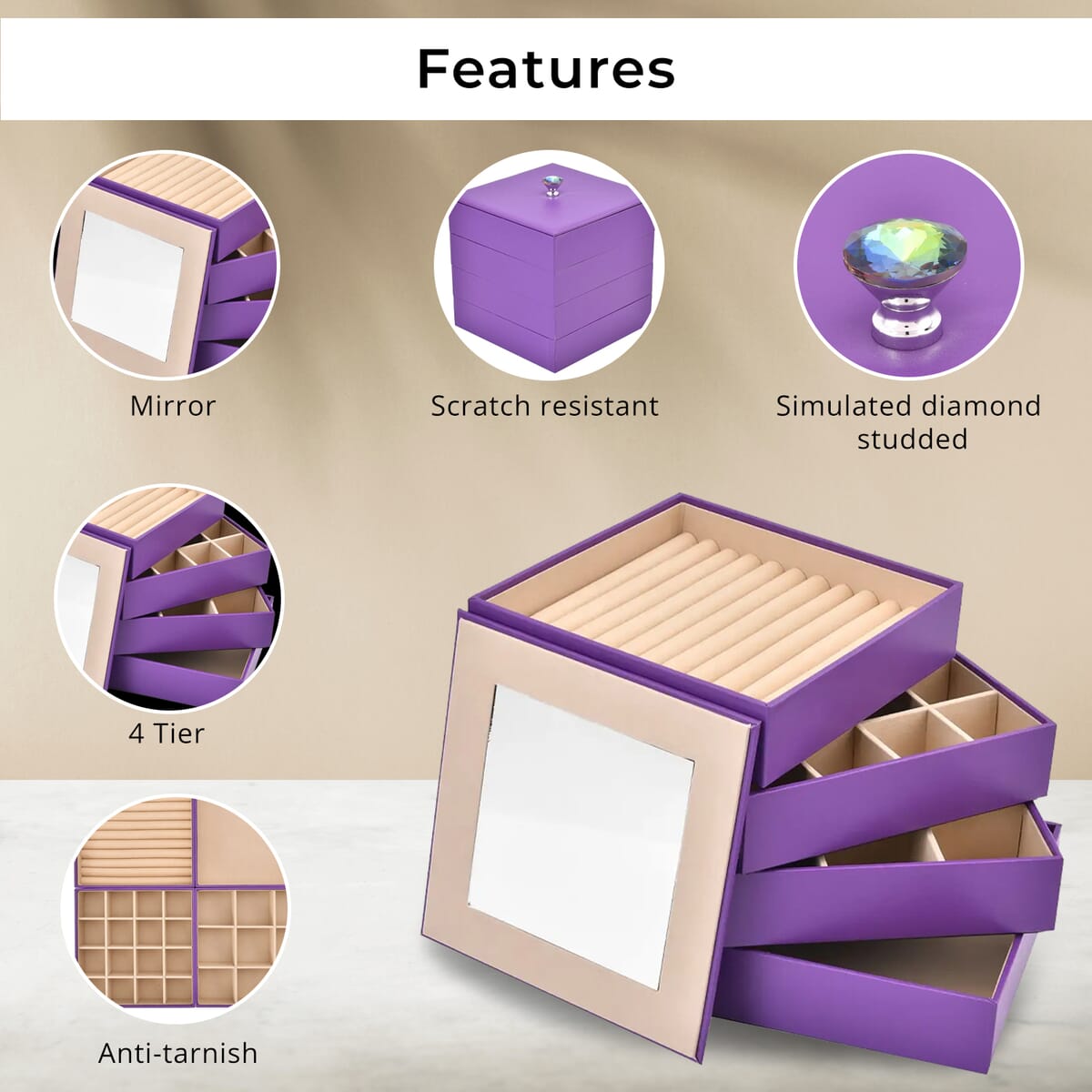 Purple Faux Leather 4 Tier Stackable Jewelry Organizer with Mirror Lid image number 1