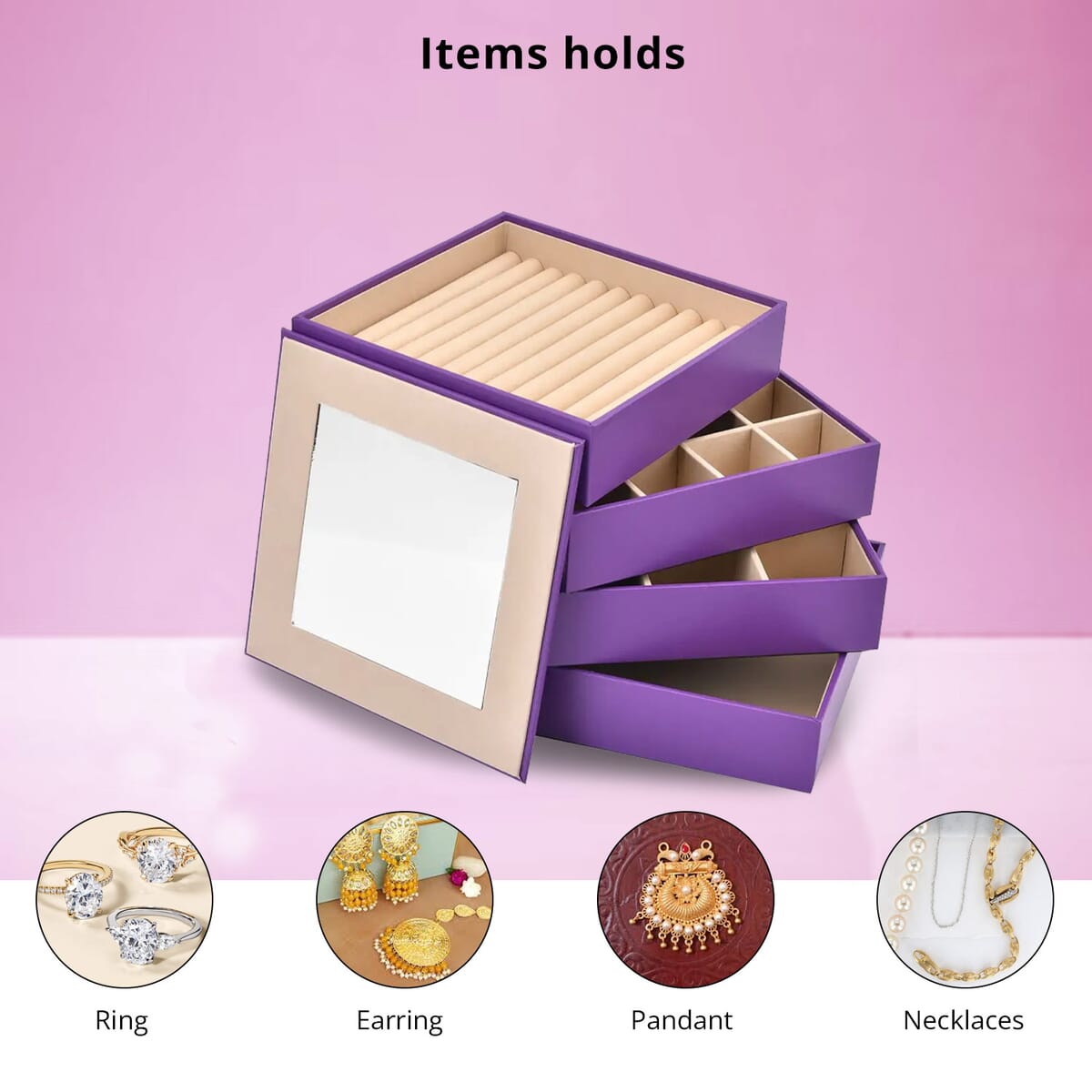 Purple Faux Leather 4 Tier Stackable Jewelry Organizer with Mirror Lid image number 3