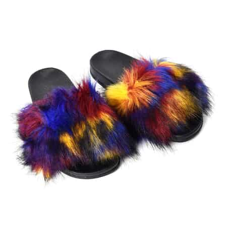 Multi Color Faux Fur Open Toe Slippers , Women Slippers , Fluffy Slippers , Fur Slippers , Ladies Slippers image number 0