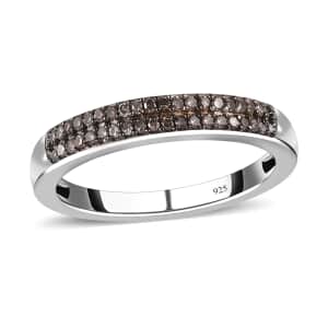 Natural Champagne Diamond Double Row Band Ring in Black Rhodium and Platinum Over Sterling Silver (Size 6.0) 0.25 ctw