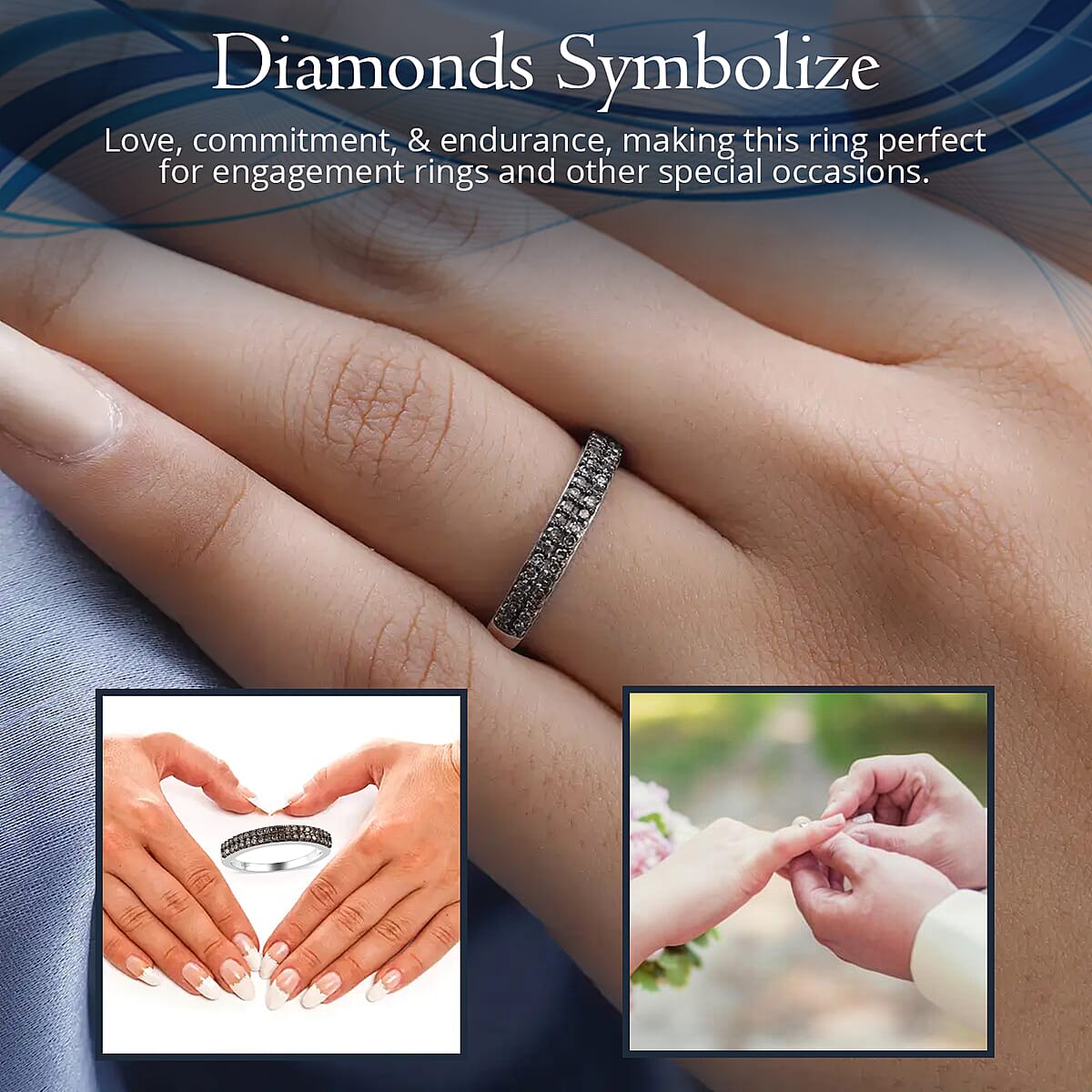 Doorbuster D'Joy Natural Champagne Diamond Band Ring, Double Row Band Ring, Champagne Diamond Ring in Black Rhodium & Platinum Over Sterling Silver, Silver Band Ring, Promise Ring, Wedding Band Ring 0.25 ctw image number 2