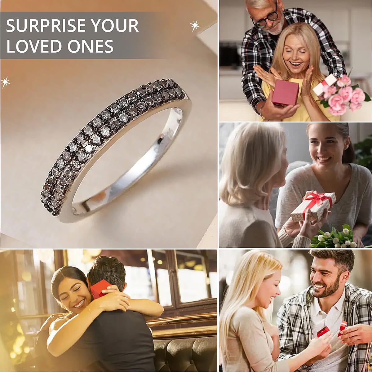 Doorbuster D'Joy Natural Champagne Diamond Band Ring, Double Row Band Ring, Champagne Diamond Ring in Black Rhodium & Platinum Over Sterling Silver, Silver Band Ring, Promise Ring, Wedding Band Ring 0.25 ctw image number 3