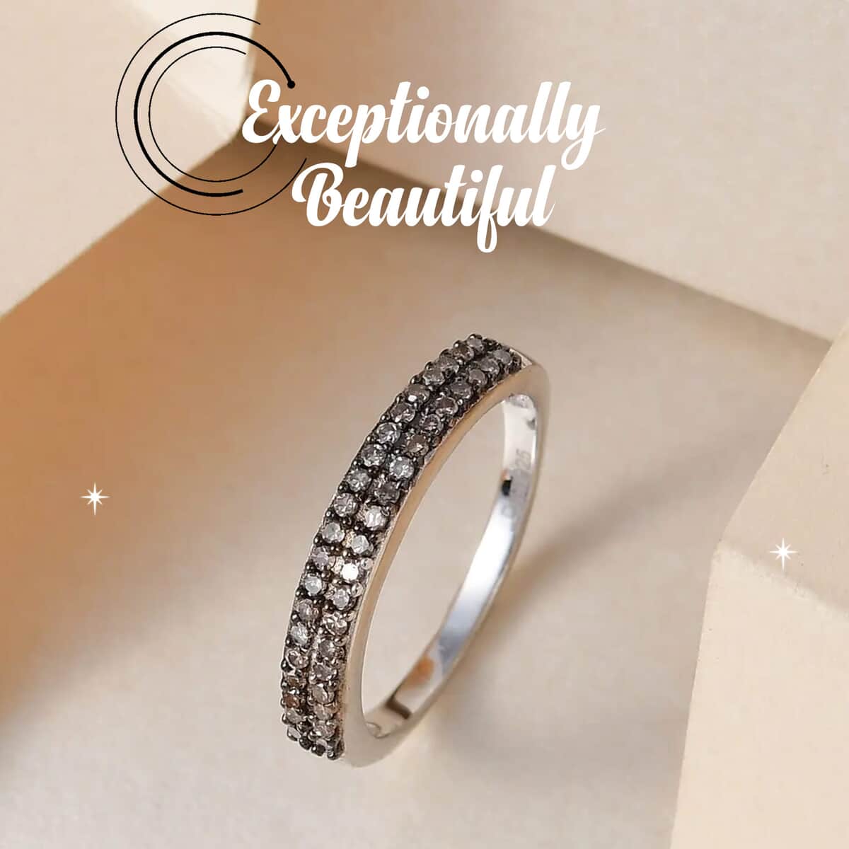 Natural Champagne Diamond Band Ring, Double Row Band Ring, Champagne Diamond Ring in Black Rhodium & Platinum Over Sterling Silver, Silver Band Ring, Promise Ring, Wedding Band Ring 0.25 ctw image number 1