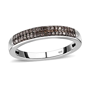  D'Joy Natural Champagne Diamond Band Ring, Double Row Band Ring, Champagne Diamond Ring in Black Rhodium & Platinum Over Sterling Silver, Silver Band Ring, Promise Ring, Wedding Band Ring 0.25 ctw