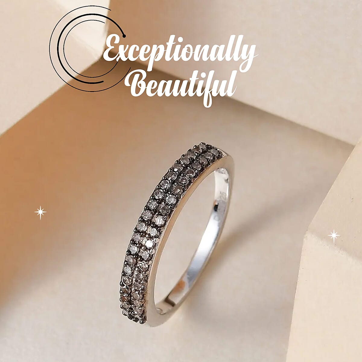 Doorbuster D'Joy Natural Champagne Diamond Band Ring, Double Row Band Ring, Champagne Diamond Ring in Black Rhodium & Platinum Over Sterling Silver, Silver Band Ring, Promise Ring, Wedding Band Ring 0.25 ctw image number 1