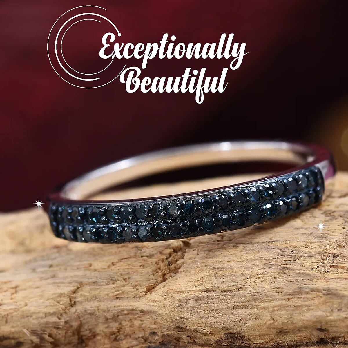 Blue Diamond Band Ring , Double Row Band Ring , Blue Diamond Ring in Blue Rhodium & Platinum Over Sterling Silver , Silver Band Ring , Promise Ring , Wedding Band Ring 0.25 ctw image number 1