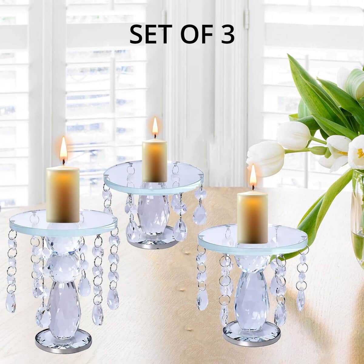 Set of 3 Clear Crystal Drop Charm Pillar Candle Holder, Crystal Pillar Candle Stick Holder, Decorative Crystal Room Decor, Crystal Decorations image number 3