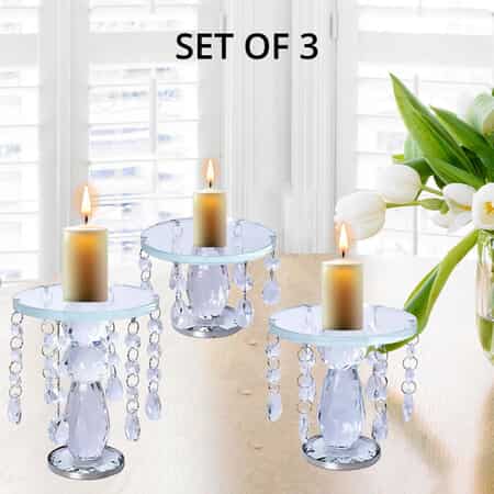 Set of 3 Clear Crystal Drop Charm Pillar Candle Holder, Crystal Pillar Candle Stick Holder, Decorative Crystal Room Decor, Crystal Decorations image number 3