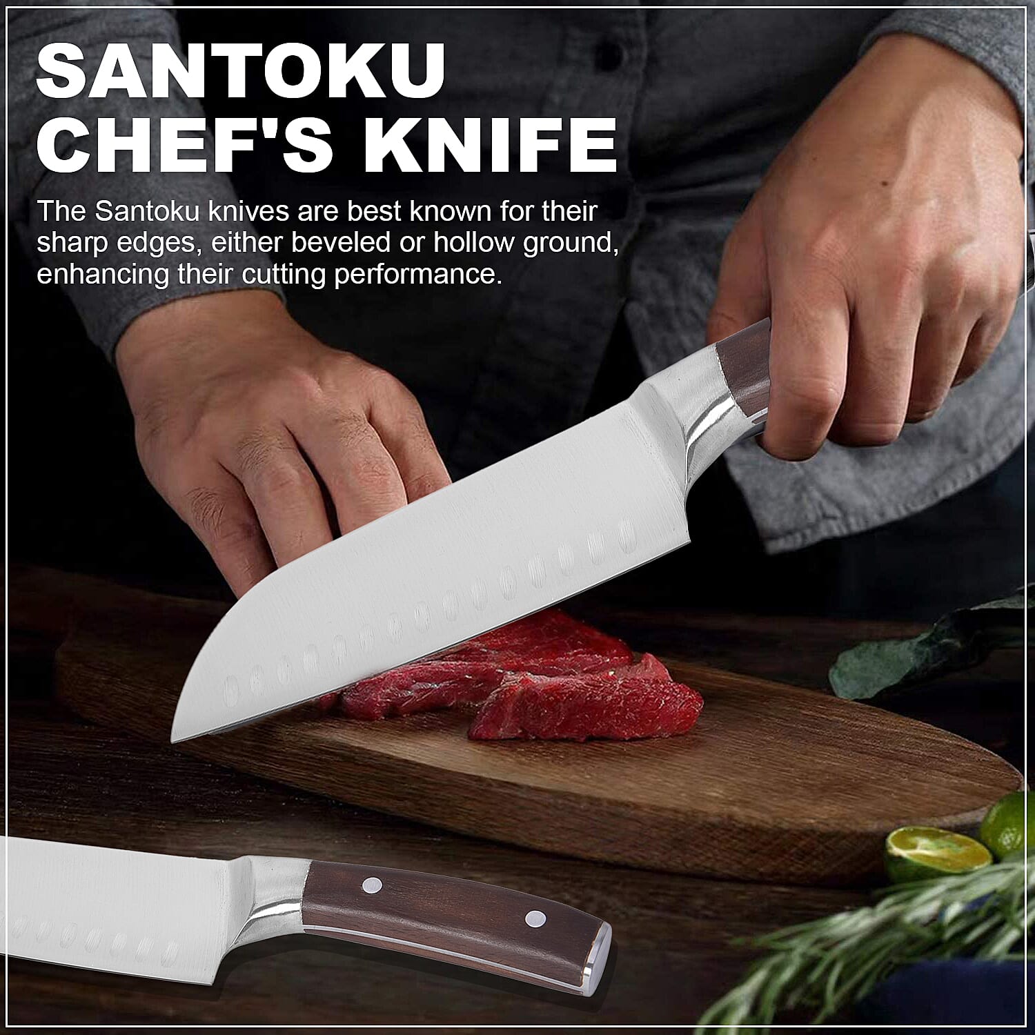 HOMESMART Santoku Chef's Knife in Stainless Steel with Coffee Wooden Handle | Stainless Steel Knife | Wooden Knife | Kitchen Knife