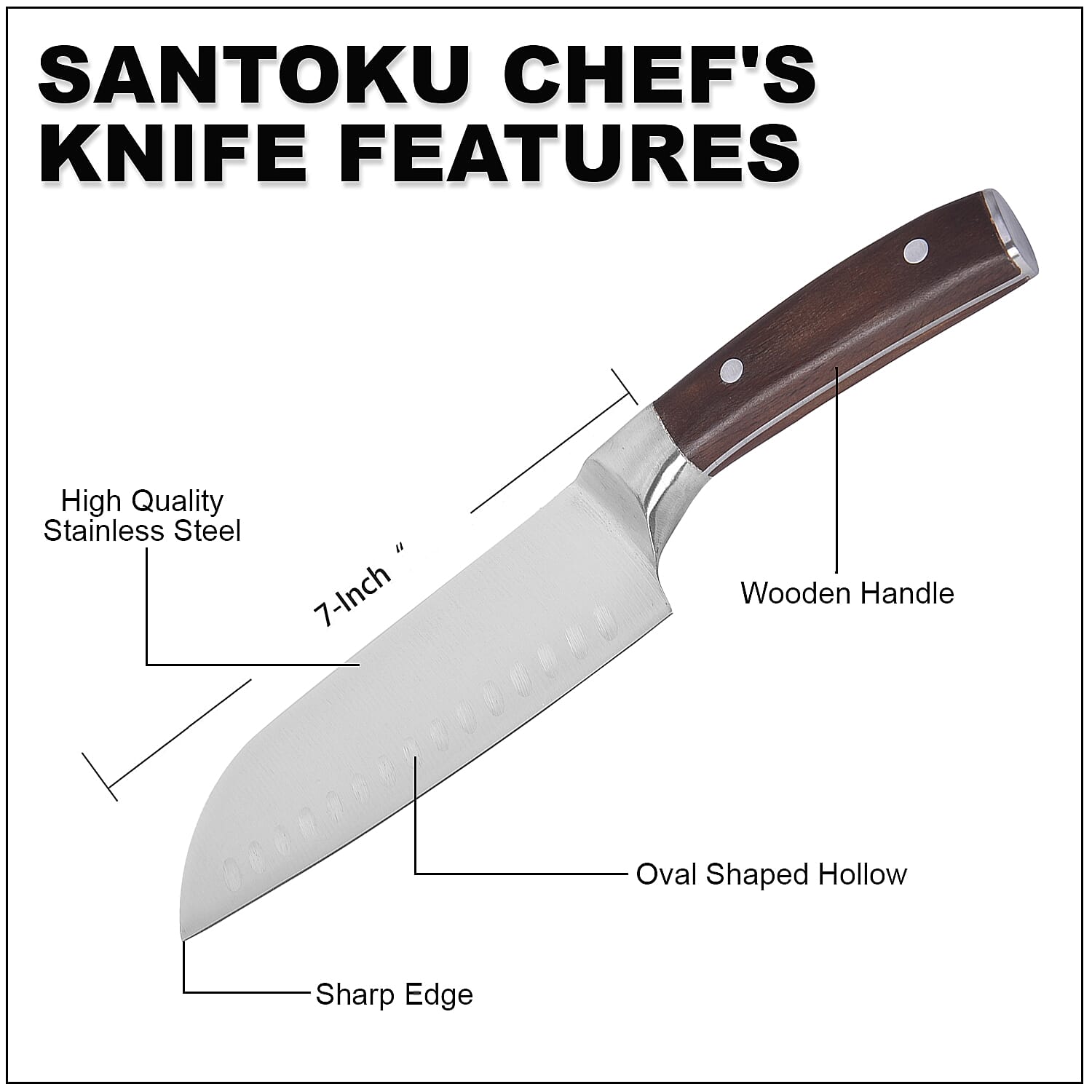 HOMESMART Santoku Chef's Knife in Stainless Steel with Coffee Wooden Handle | Stainless Steel Knife | Wooden Knife | Kitchen Knife