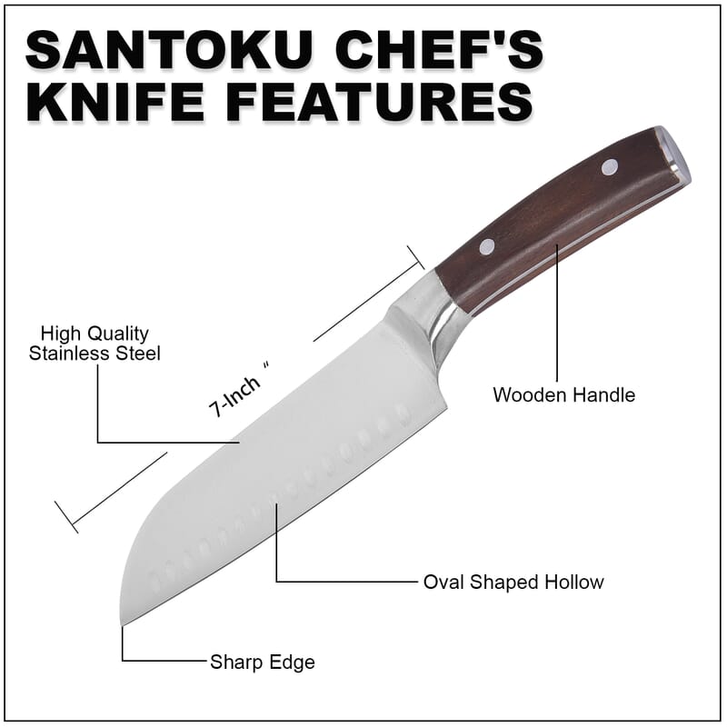 HOMESMART Santoku Chef's Knife in Stainless Steel with Coffee Wooden Handle | Stainless Steel Knife | Wooden Knife | Kitchen Knife