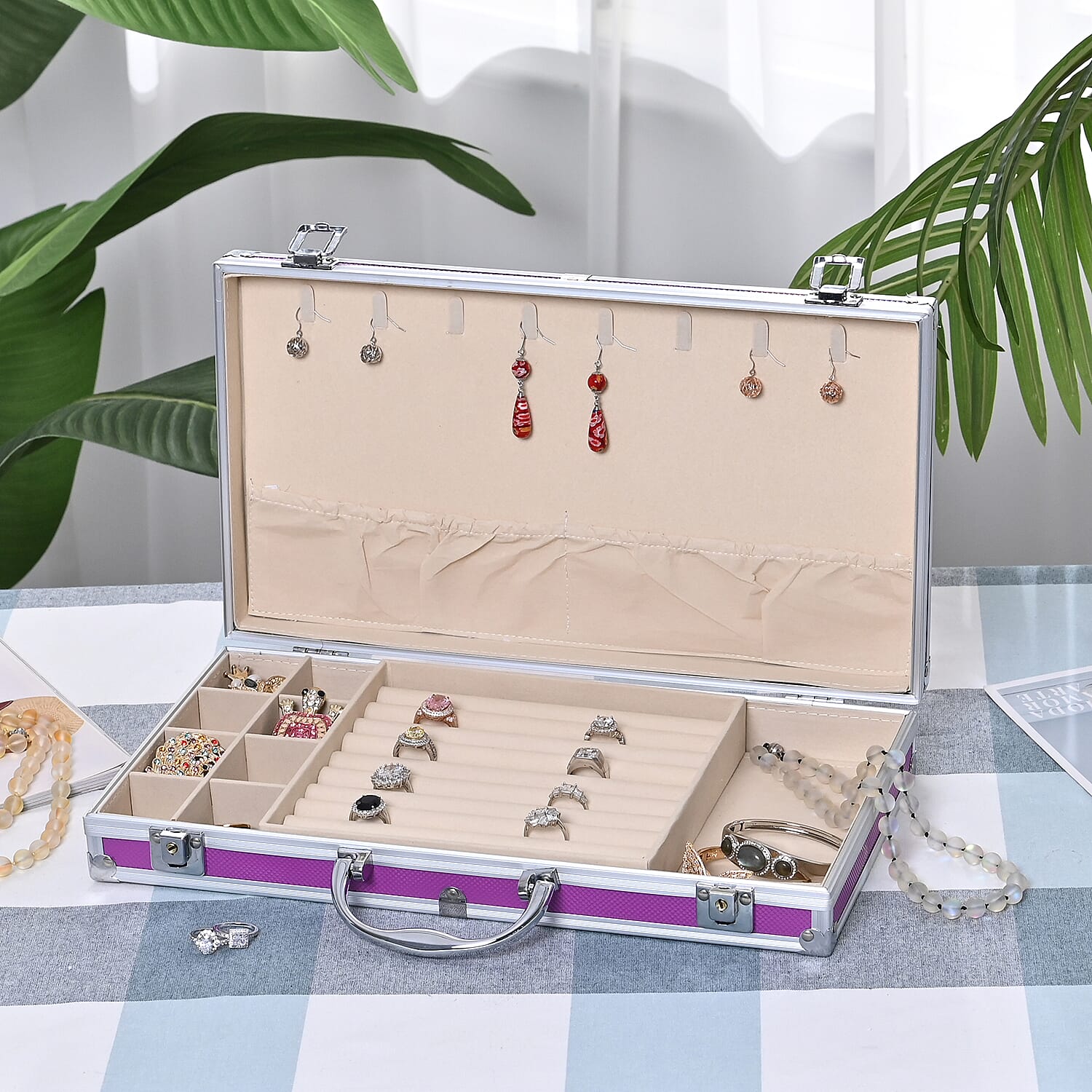 Purple Aluminum Briefcase Style Jewelry Organizer with Anti Tarnish Protection Interior