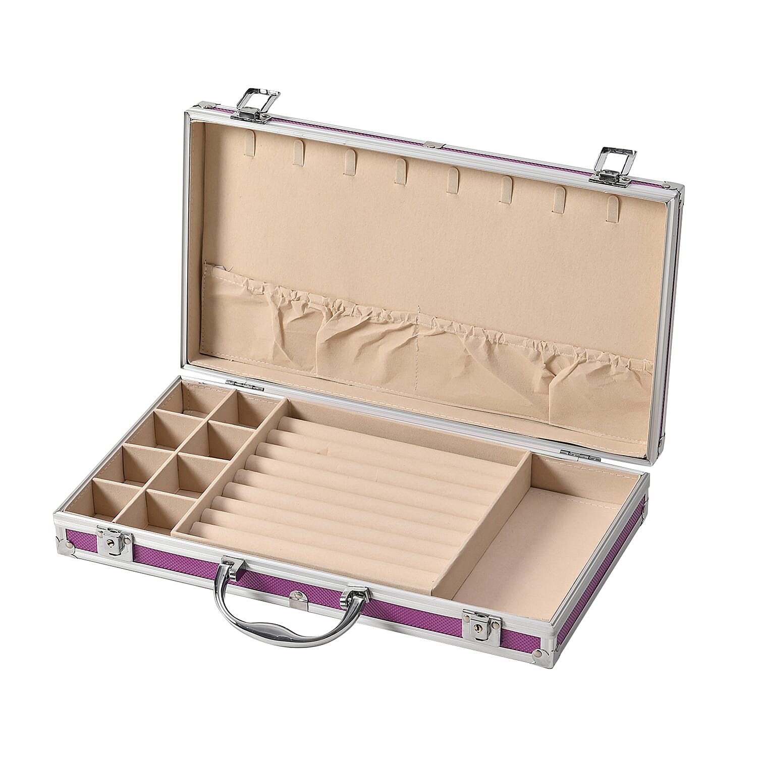 Purple Aluminum Briefcase Style Jewelry Organizer with Anti Tarnish Protection Interior
