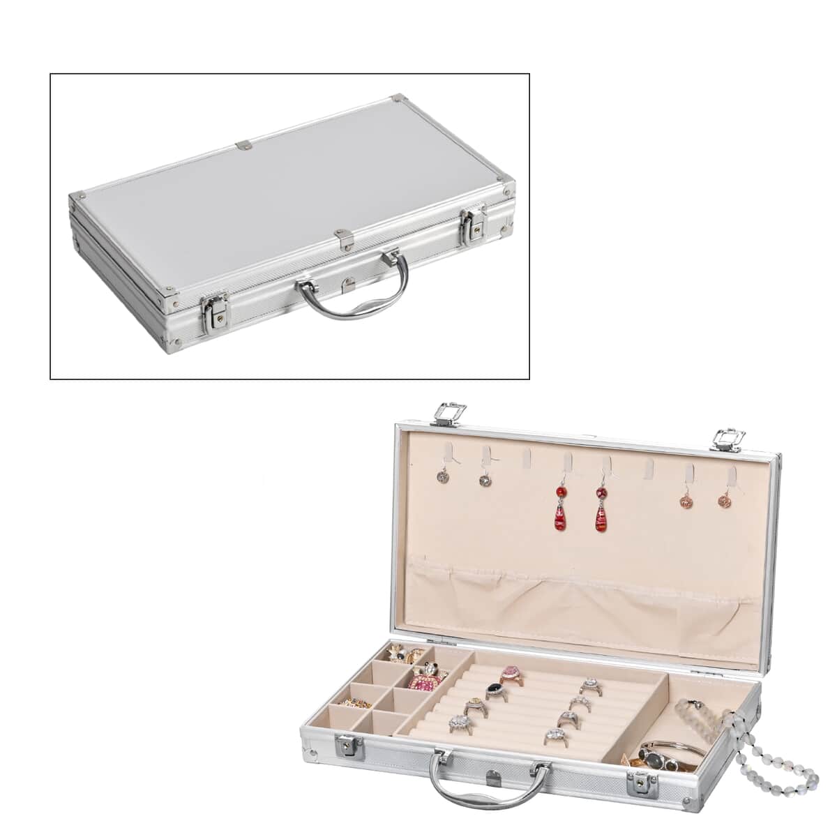 Silver Aluminum Briefcase Style Jewelry Organizer with Anti Tarnish Protection Interior image number 0