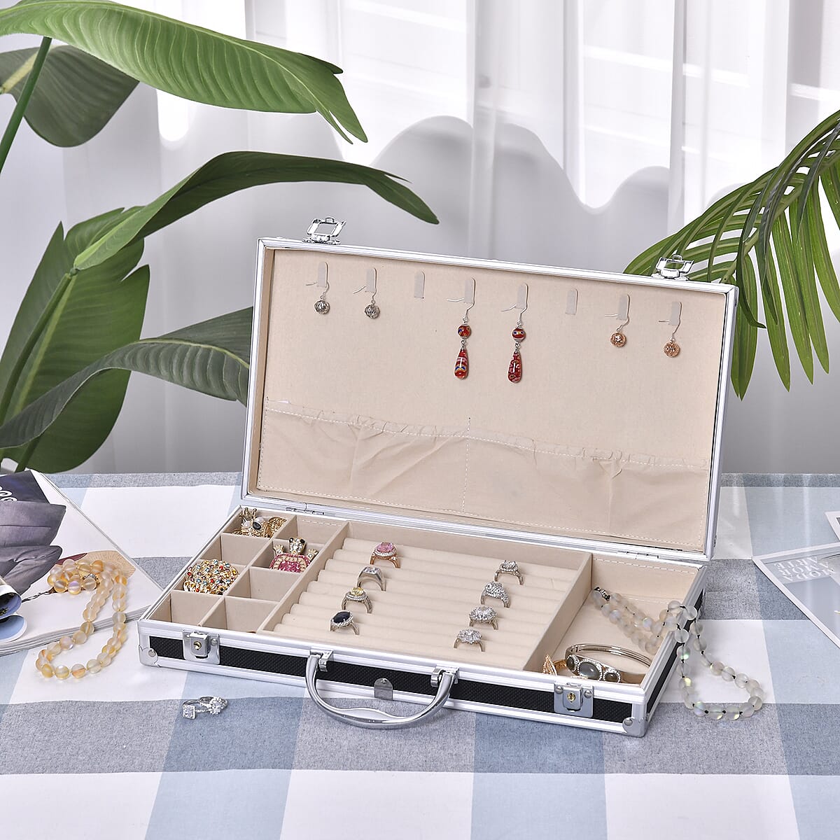 Black Aluminum Briefcase Style Jewelry Organizer with Anti Tarnish Protection Interior image number 1