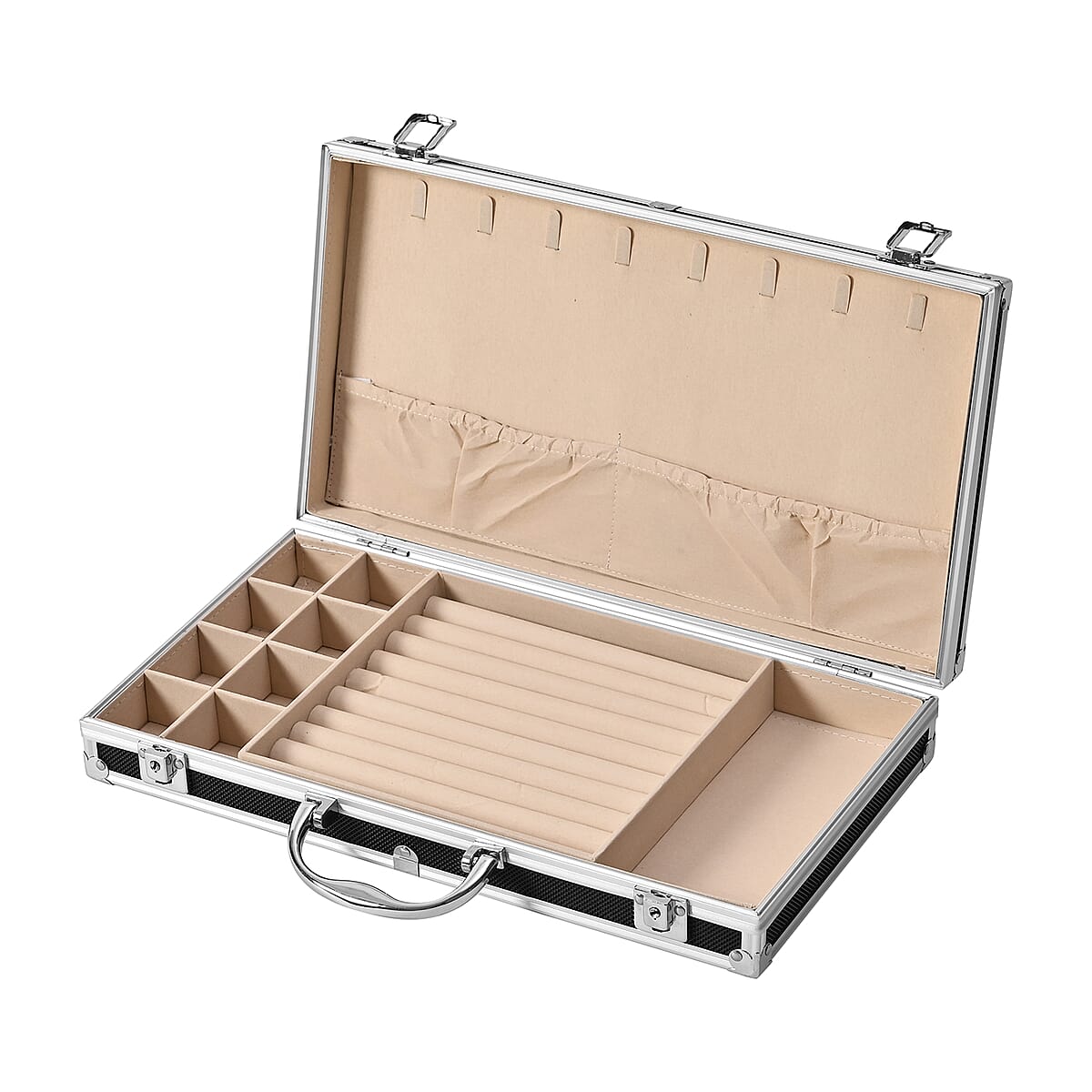 Black Aluminum Briefcase Style Jewelry Organizer with Anti Tarnish Protection Interior image number 5