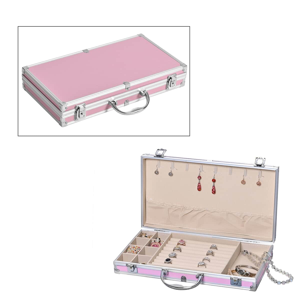 Pink Aluminum Briefcase Style Jewelry Organizer with Anti Tarnish Protection Interior image number 0