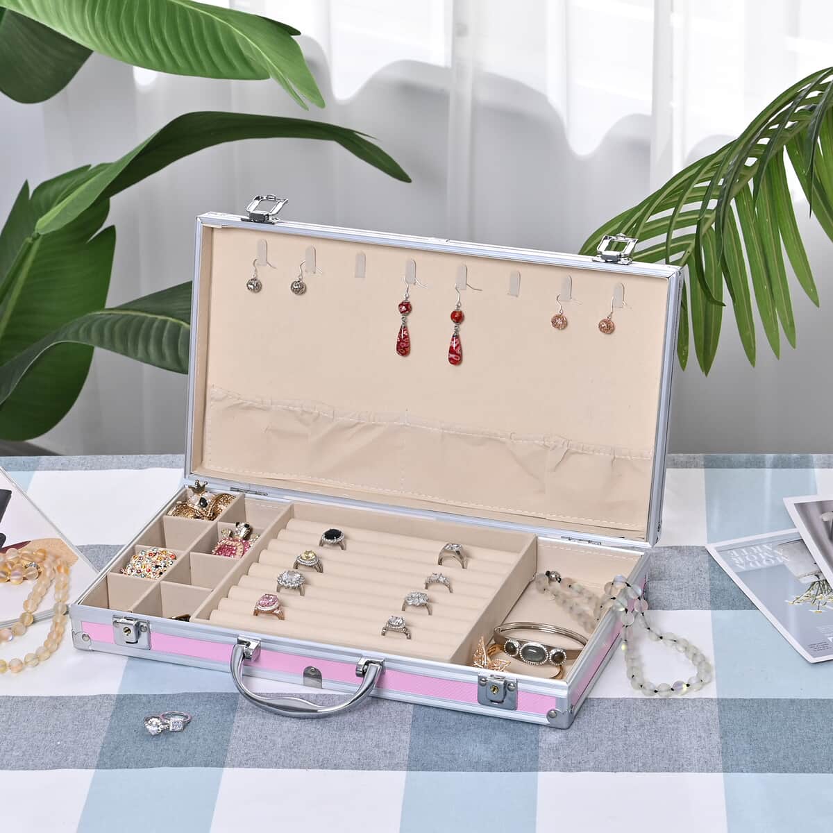 Pink Aluminum Briefcase Style Jewelry Organizer with Anti Tarnish Protection Interior image number 1