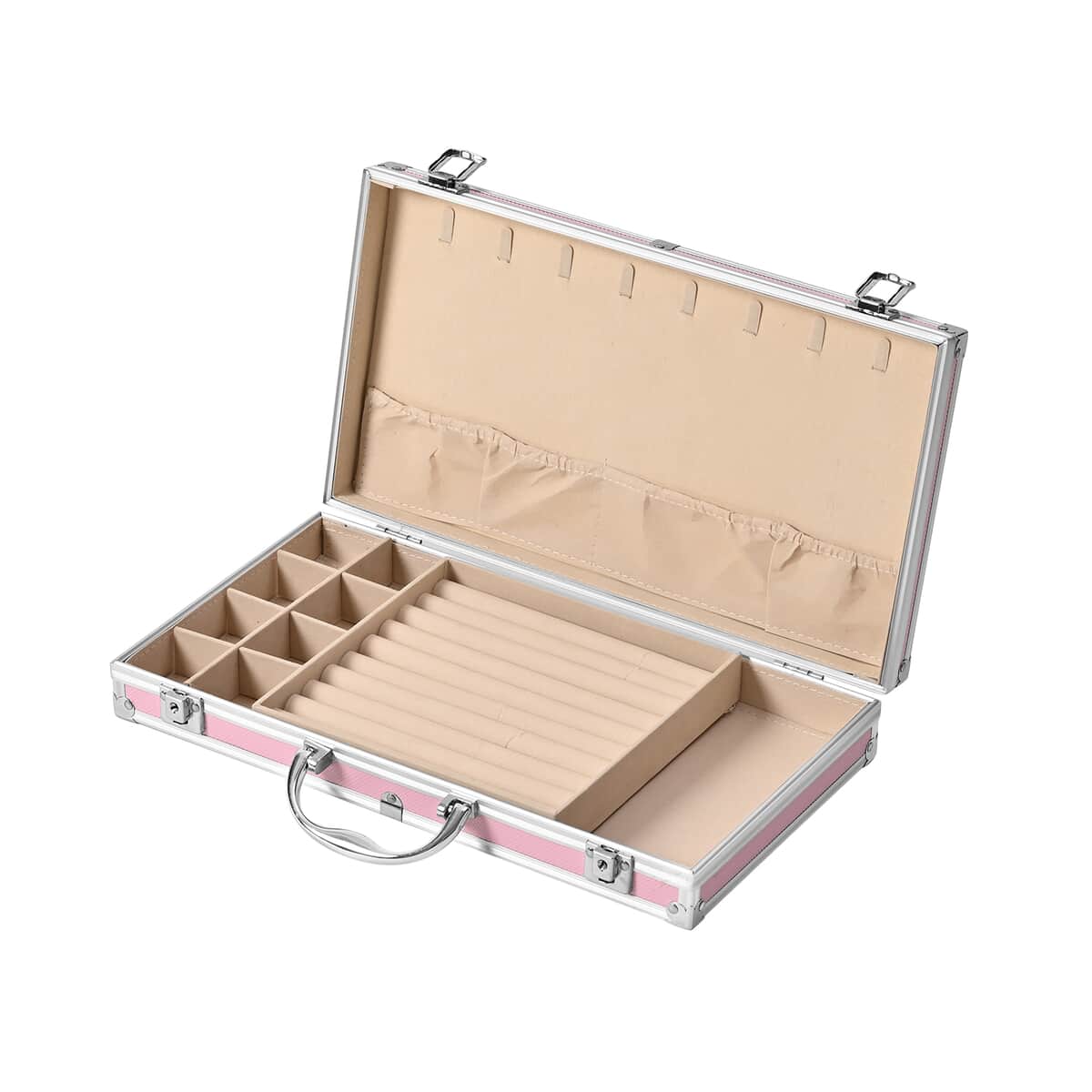 Pink Aluminum Briefcase Style Jewelry Organizer with Anti Tarnish Protection Interior image number 5