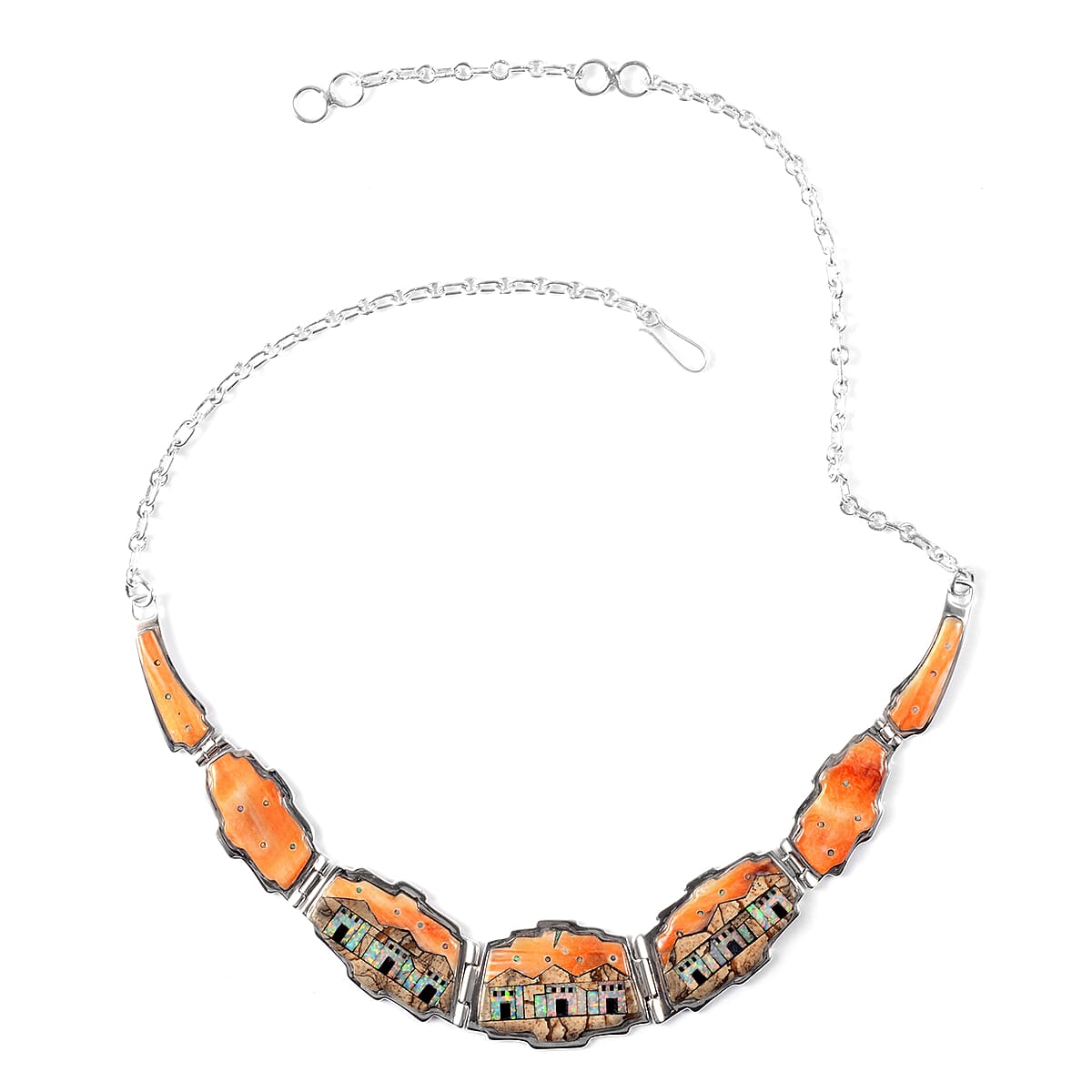 Santa Fe Style Spiny Oyster Shell, Multi Gemstone Earrings and Necklace (16-18 in) in Sterling Silver (36 g) 3.35 ctw image number 1