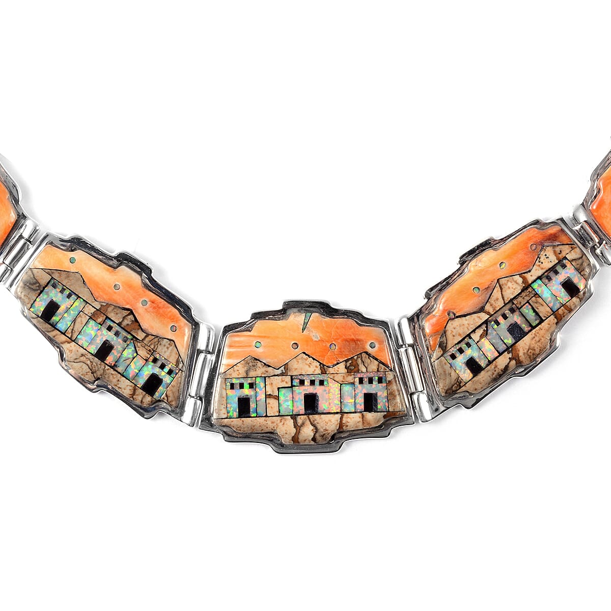 Santa Fe Style Spiny Oyster Shell, Multi Gemstone Earrings and Necklace (16-18 in) in Sterling Silver (36 g) 3.35 ctw image number 2