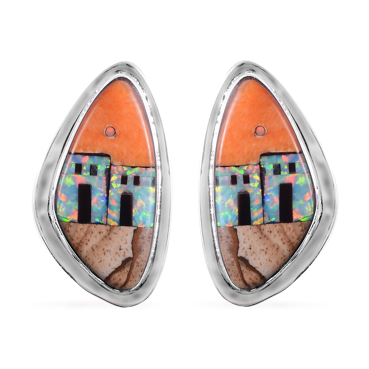 Santa Fe Style Spiny Oyster Shell, Multi Gemstone Earrings and Necklace (16-18 in) in Sterling Silver (36 g) 3.35 ctw image number 4