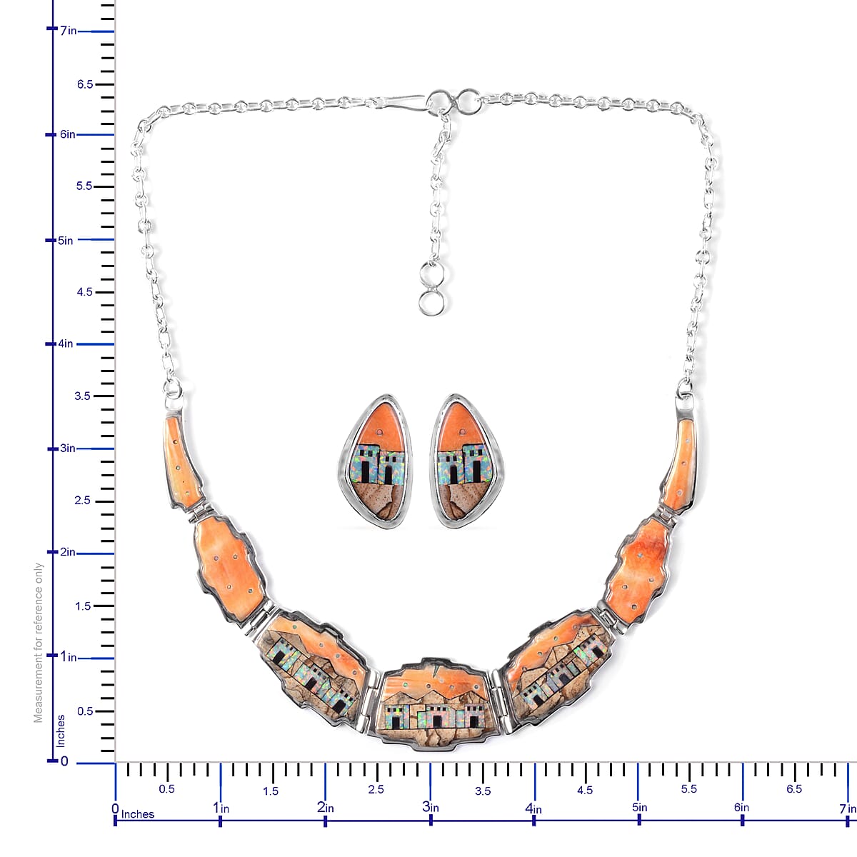 Santa Fe Style Spiny Oyster Shell, Multi Gemstone Earrings and Necklace (16-18 in) in Sterling Silver (36 g) 3.35 ctw image number 6