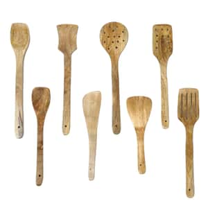 Set of 8Pcs Non Stick Mango Wood Spatulas Ladles Spoon Set Home Room Decor Brown Kitchen Cookware Utensils for Cooking