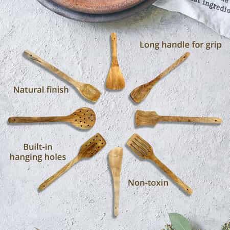 Set of 8Pcs Non Stick Mango Wood Spatulas Ladles Spoon Set Home Room Decor Brown Kitchen Cookware Utensils for Cooking image number 2