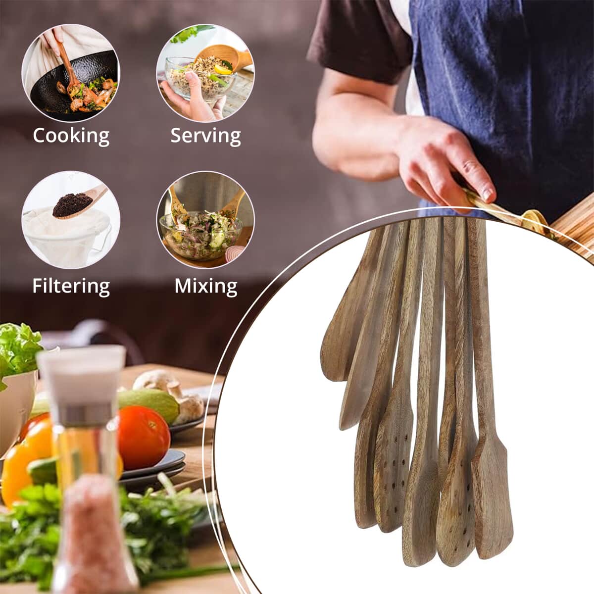 Set of 8Pcs Non Stick Mango Wood Spatulas Ladles Spoon Set Home Room Decor Brown Kitchen Cookware Utensils for Cooking image number 4
