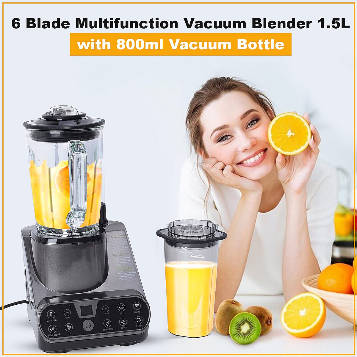 High Speed 6 Blade Multifunction Vacuum Blender 1.5L (25000RPM & 800W) with 800ml Vacuum Bottle- Gray image number 2