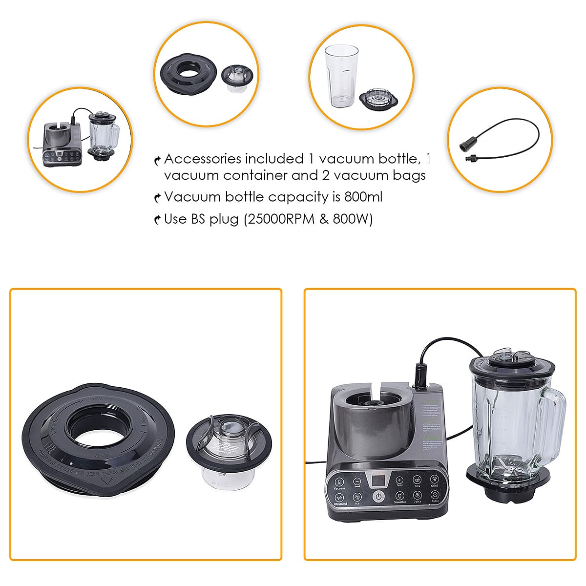 High Speed 6 Blade Multifunction Vacuum Blender 1.5L (25000RPM & 800W) with 800ml Vacuum Bottle- Gray image number 4