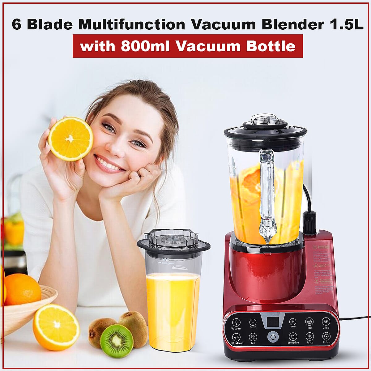 High Speed 6 Blade Multifunction Vacuum Blender 1.5L (25000RPM & 800W) with 800ml Vacuum Bottle- Red image number 1