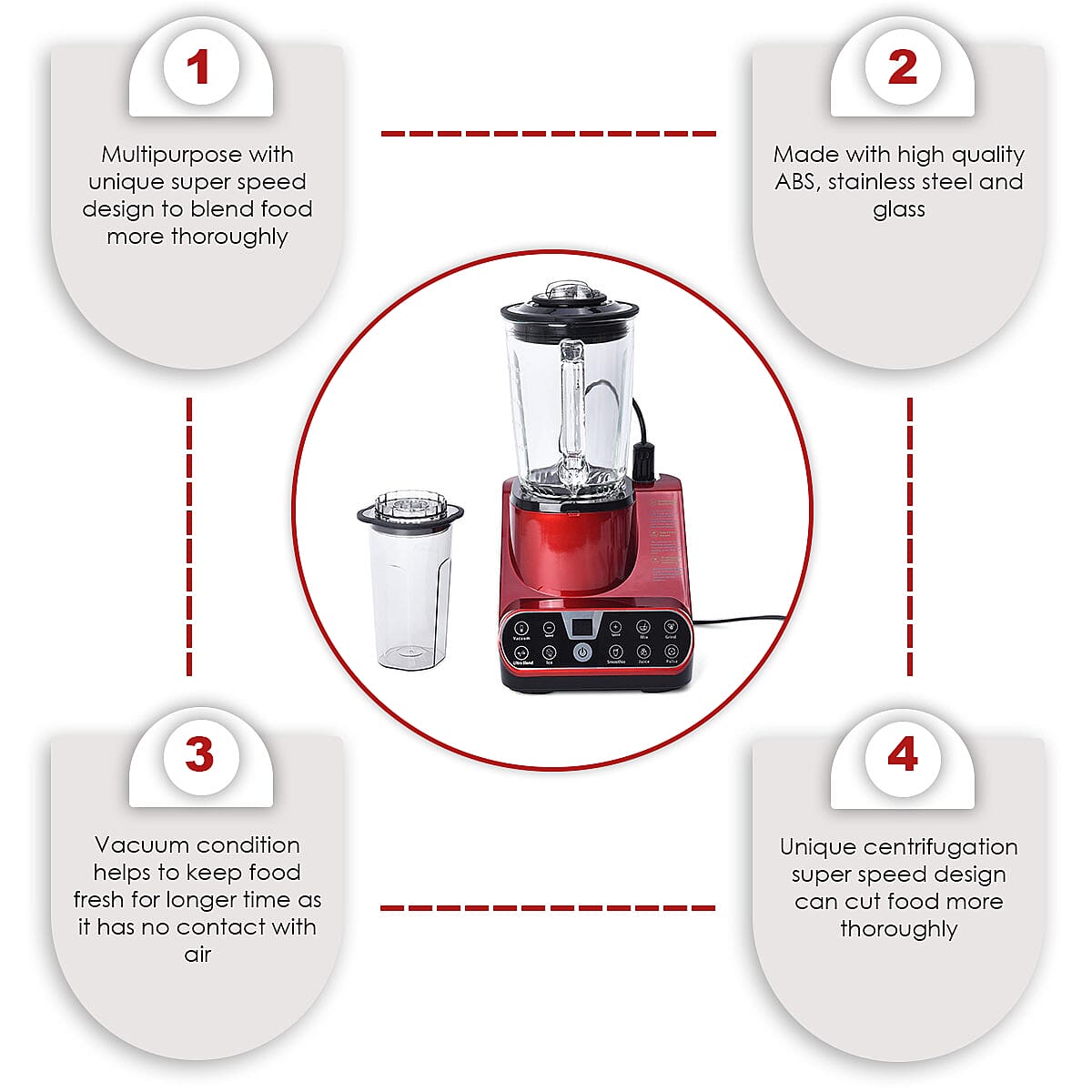 High Speed 6 Blade Multifunction Vacuum Blender 1.5L (25000RPM & 800W) with 800ml Vacuum Bottle- Red image number 2