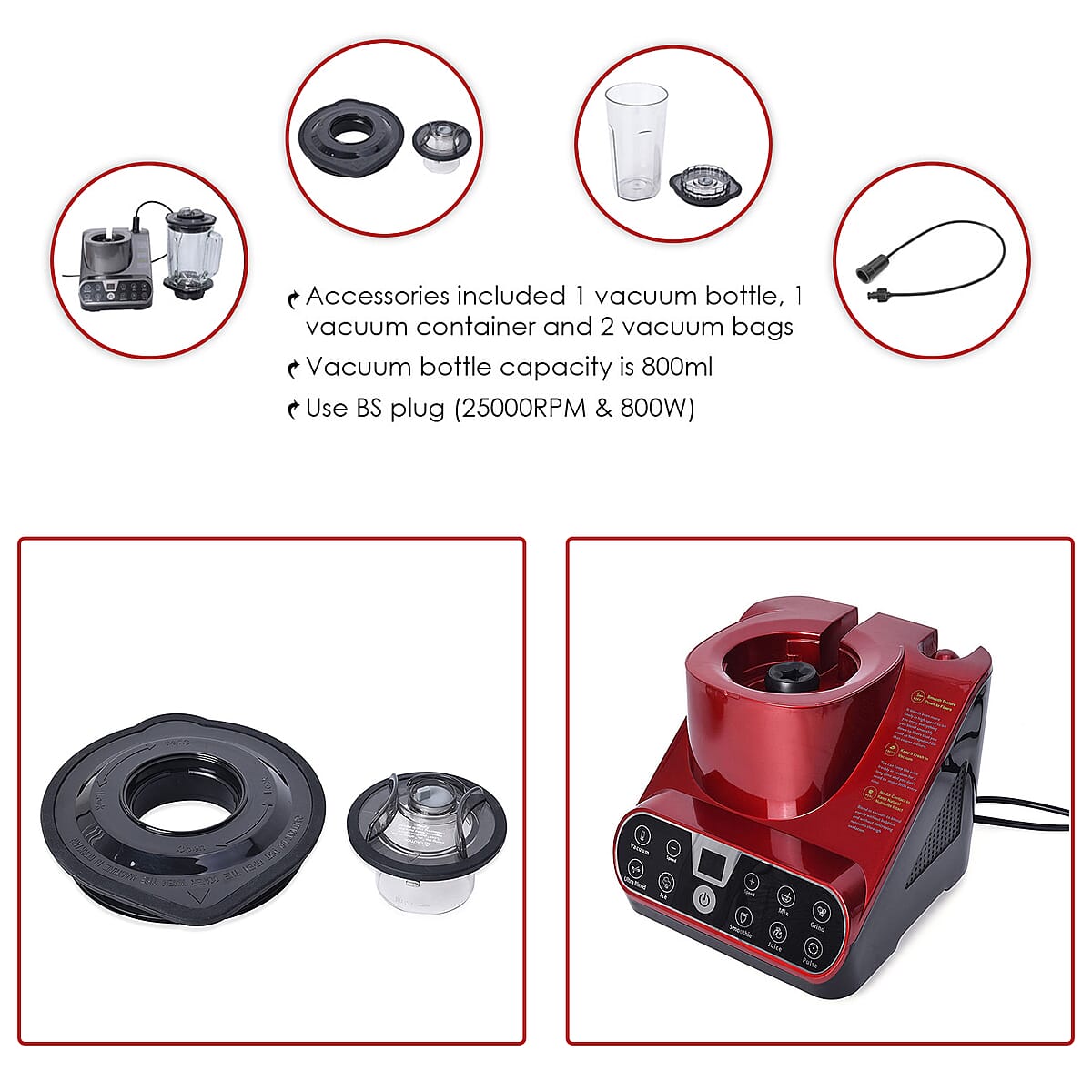 High Speed 6 Blade Multifunction Vacuum Blender 1.5L (25000RPM & 800W) with 800ml Vacuum Bottle- Red image number 4