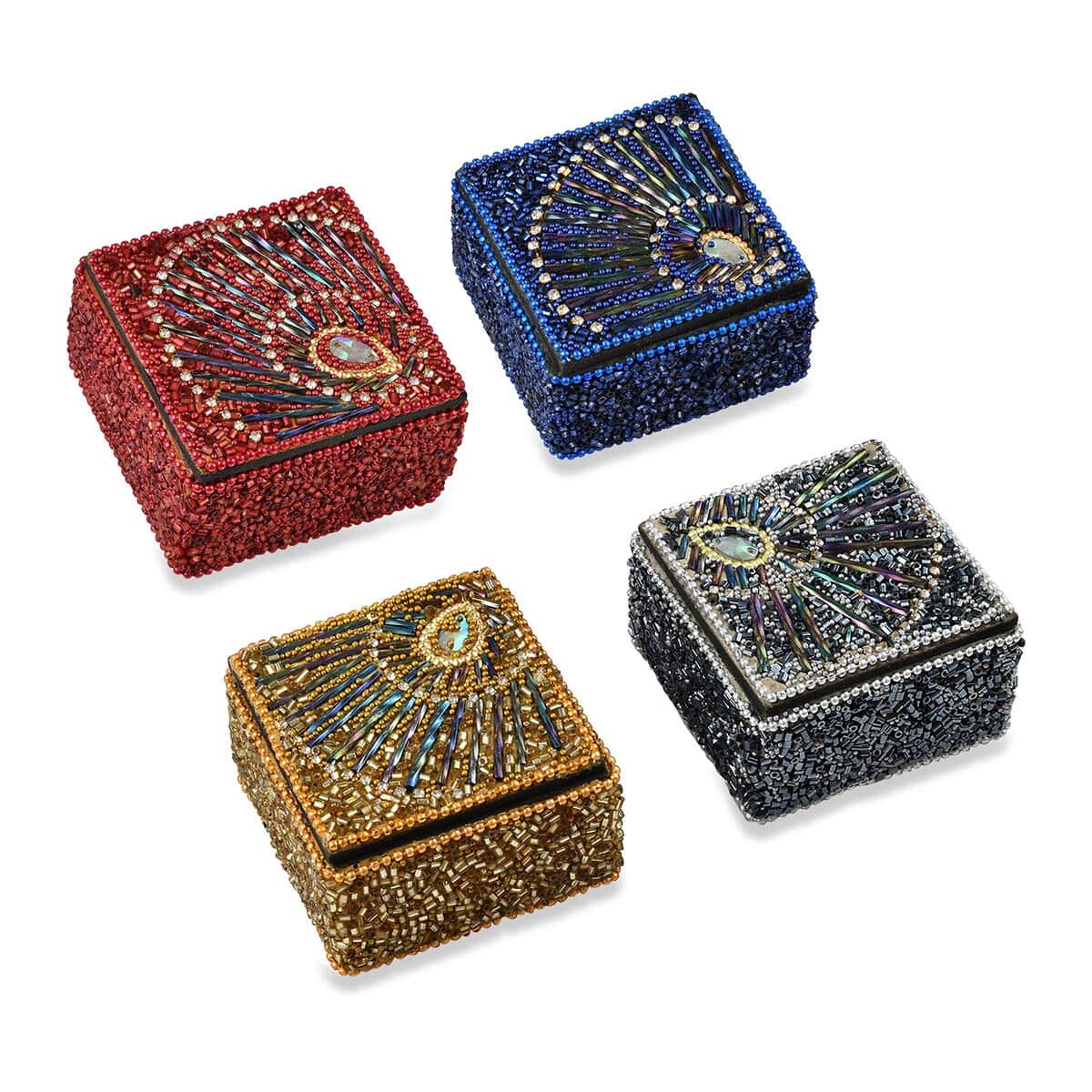 Set of 4 Handcrafted Wooden, Beaded Square Jewelry Box image number 0