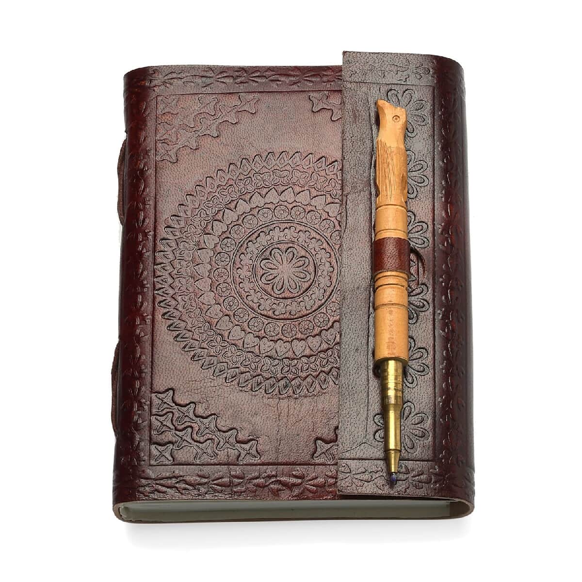 Handcrafted Mandala Embossed 100% Genuine Leather Journal with Wooden Pen image number 0