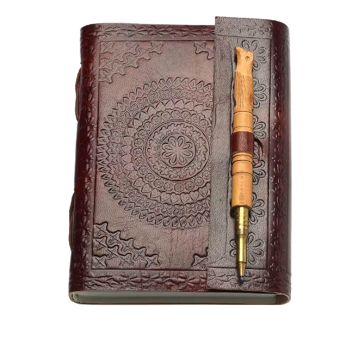 Handcrafted Mandala Embossed 100% Genuine Leather Journal with Wooden Pen image number 6