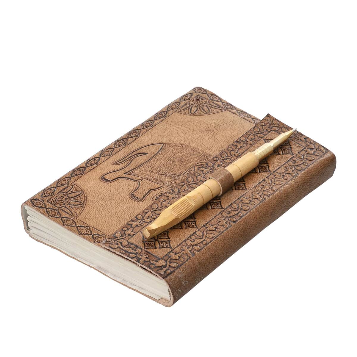 Handcrafted Elephant Embossed 100% Genuine Leather Journal with Wooden Pen image number 0