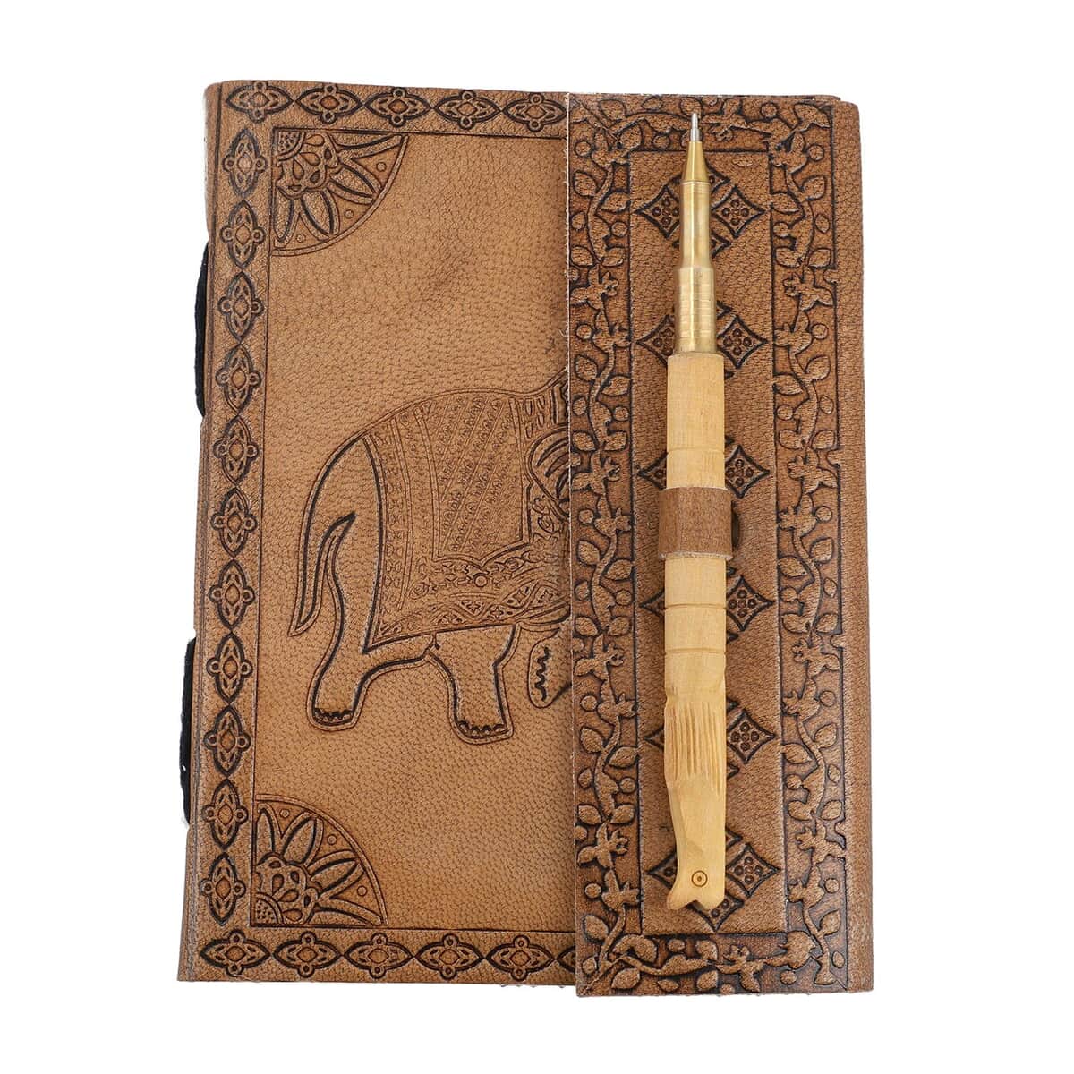 Handcrafted Elephant Embossed 100% Genuine Leather Journal with Wooden Pen image number 6