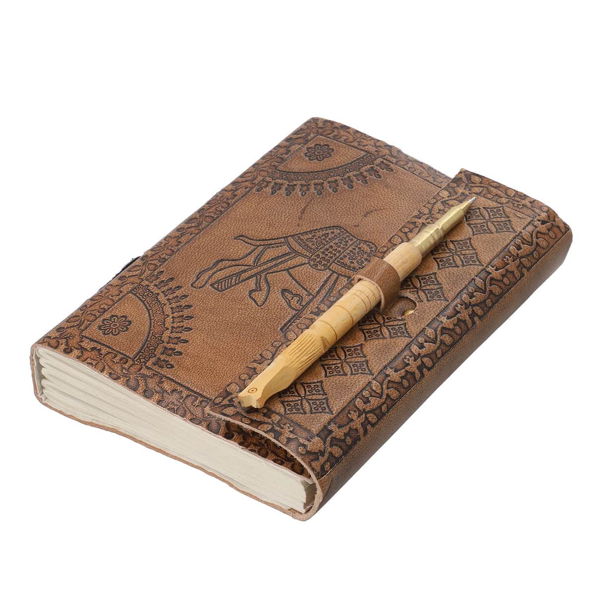 Handcrafted Camel Embossed 100% Genuine Leather Journal with Wooden Pen image number 0