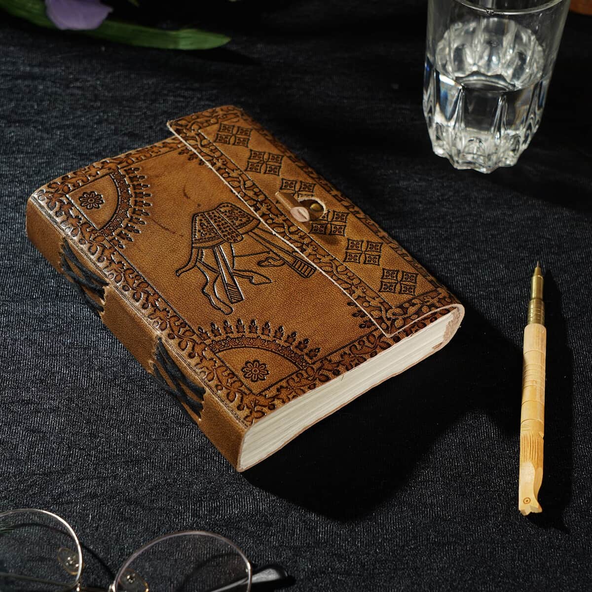 Handcrafted Camel Embossed 100% Genuine Leather Journal with Wooden Pen image number 1