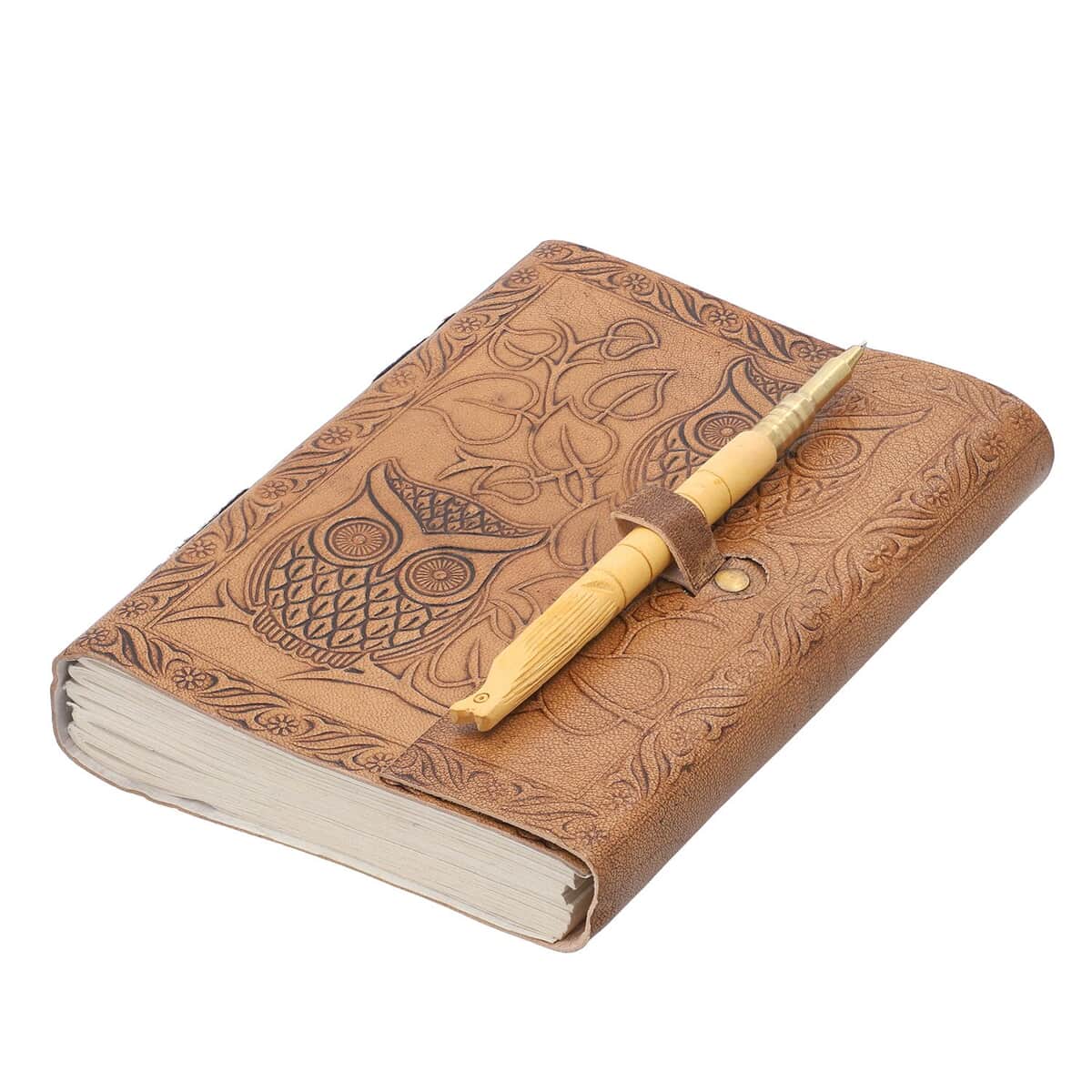 Handcrafted Owl Embossed 100% Genuine Leather Journal with Wooden Pen image number 0