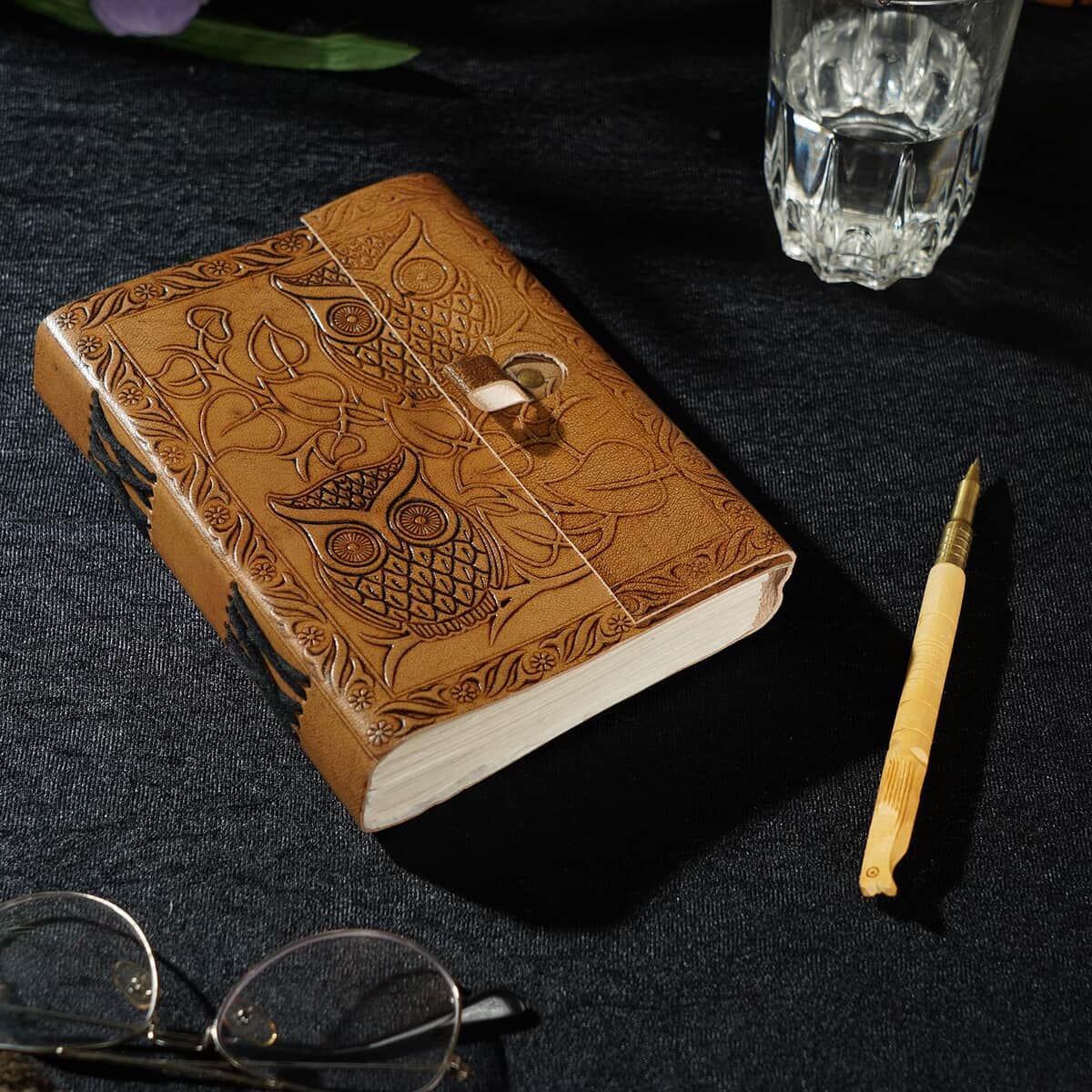 Handcrafted Owl Embossed 100% Genuine Leather Journal with Wooden Pen image number 1