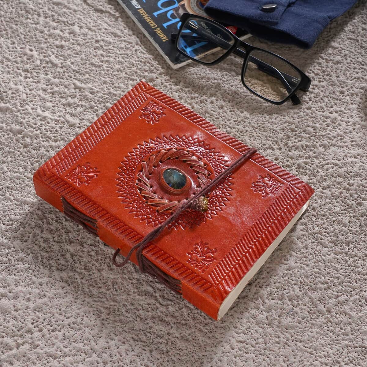 Handcrafted Leather and Cotton Journal with Labradorite Center Stone image number 1