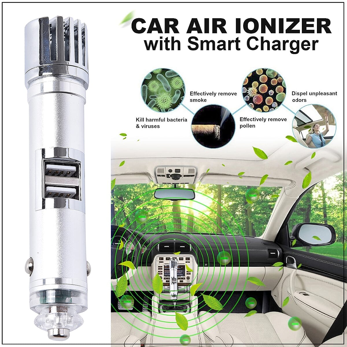 Gray Car Air Ionizer with Smart Charger image number 1