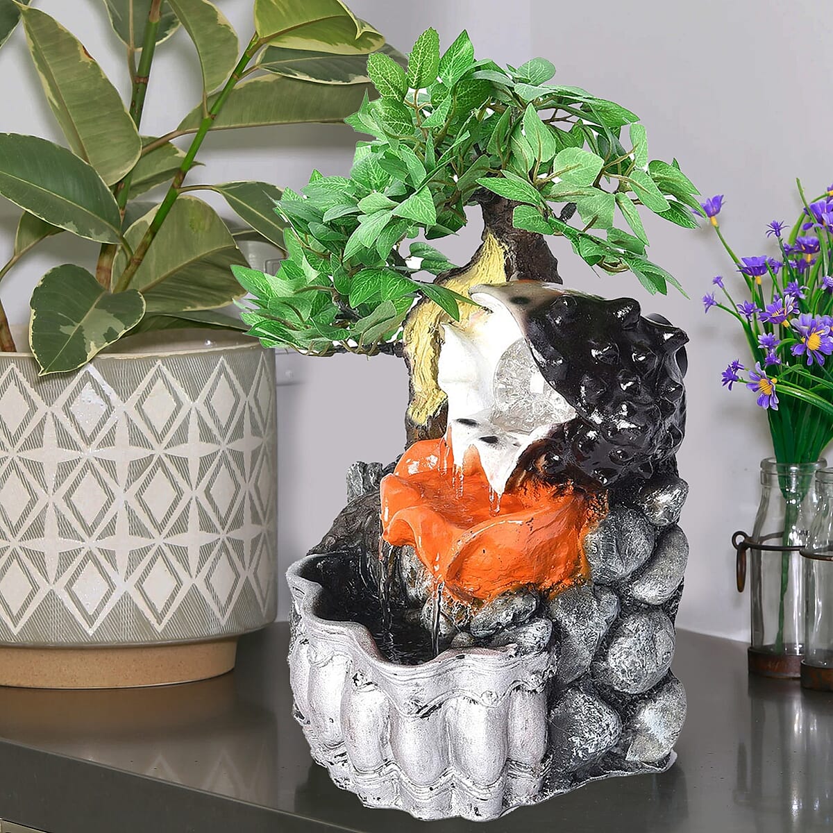 Multi Color Jungle Water Fountain with LED Lights and Glass Ball Flower Pot image number 1