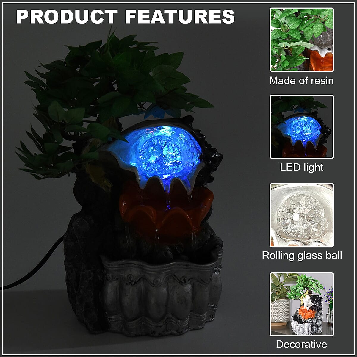 Multi Color Jungle Water Fountain with LED Lights and Glass Ball Flower Pot image number 2