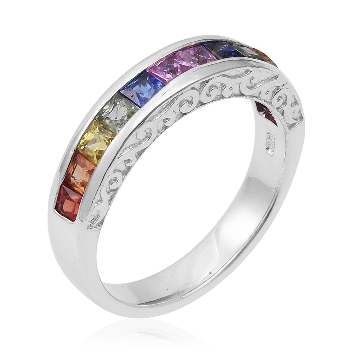 Multi Sapphire Channel Band Ring in Platinum Over Sterling Silver (Size 9.0) 1.90 ctw image number 2