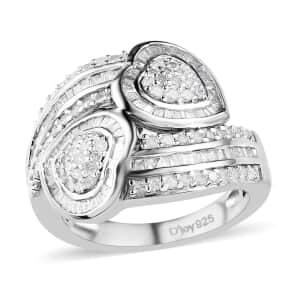 Diamond Cluster Ring, Diamond Bypass Ring, Diamond Ring, Diamond Hearts Ring, Platinum Over Sterling Silver Ring, Diamond Gift For Her, Wedding Ring 1.00 ctw